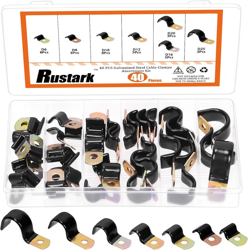 Rustark 40Pcs 7 Sizes Vinyl Coated Half Cable Clamps Assortment Kit with Screws Nuts Galvanized Wire Clamps Zinc Cable Clamp Cushioned Insulated Clamp for Wiring Tubes Cord Installation - Image 1